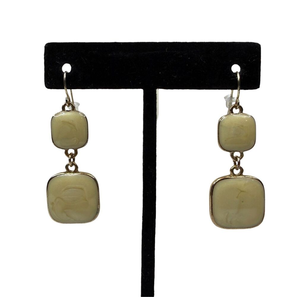 Fashion Dangle Earrings Gold Tone Cream Enamel Resin Double Square Drop 1.5"